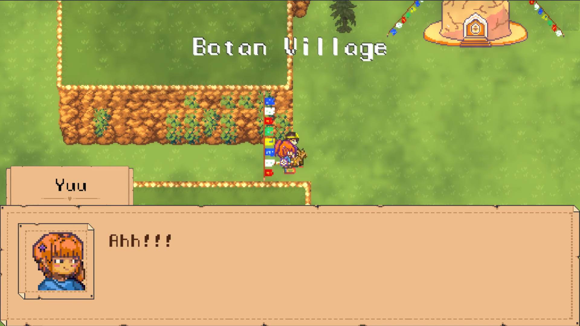 Arriving in Botan Village beside a line of prayer flags as Yuu calls out