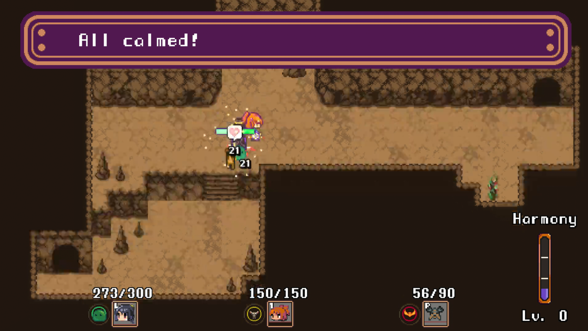 Every creature in a cave has been calmed, and a banner reads All calmed!