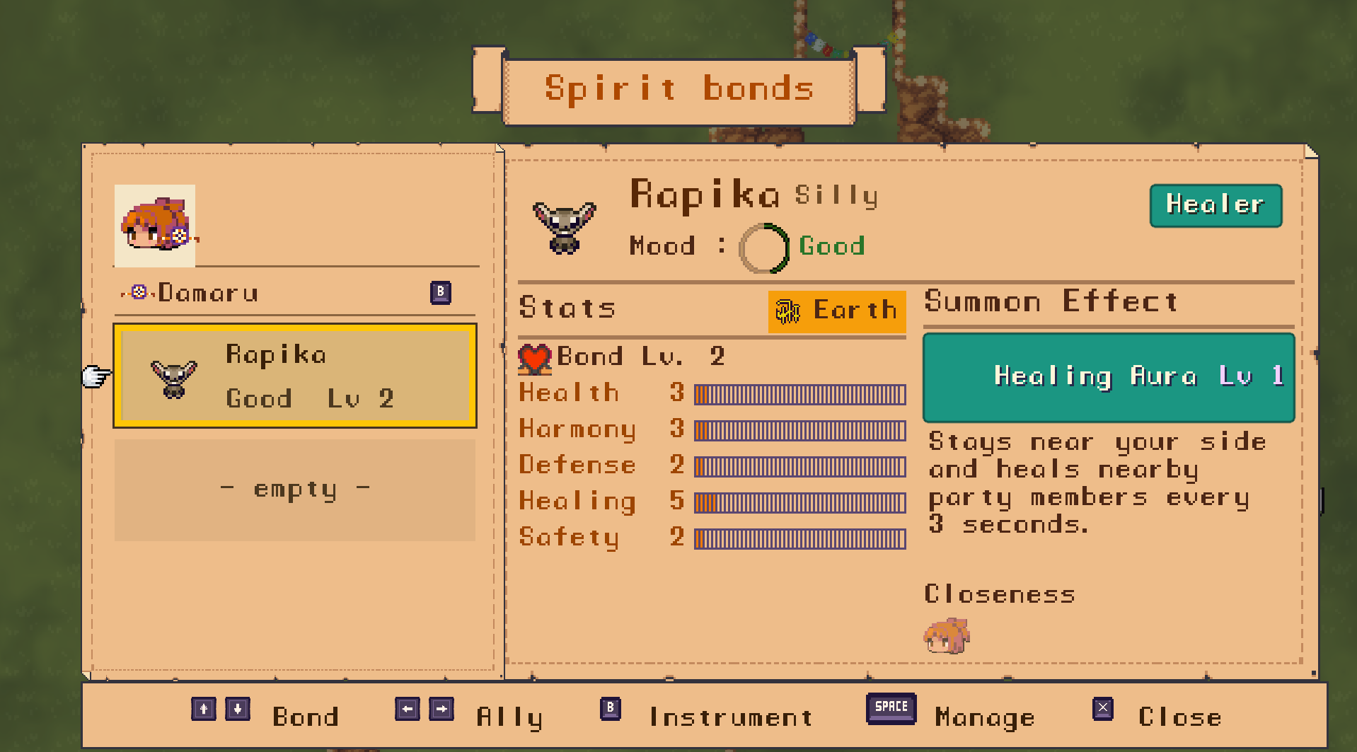 Gameplay: Rapika's page in the Spirit bonds book, showing its silly personality, its good mood, its bond level and its Healing Aura.