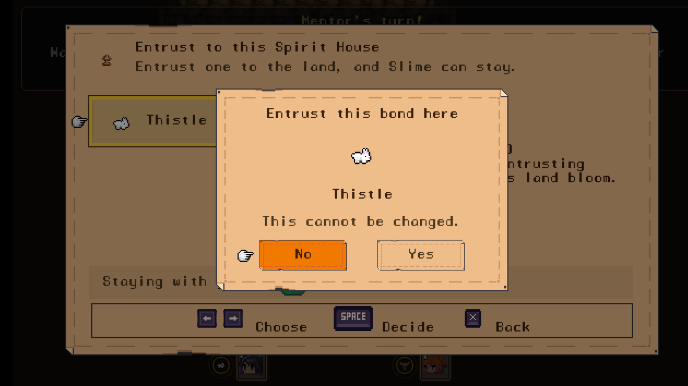 Gameplay: entrusting a bonded friend, Thistle, to a spirit house.