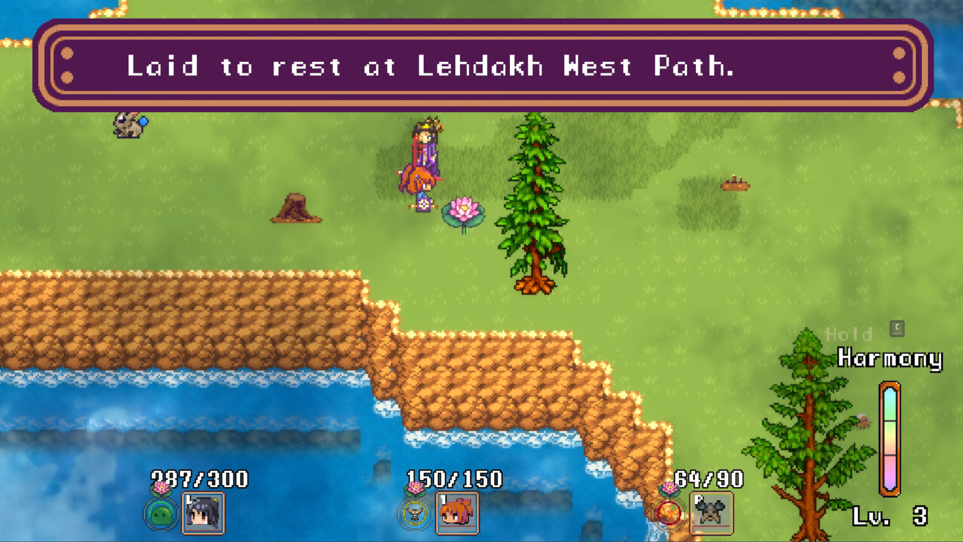 A creature that faded has been laid to rest, with a lotus marking the spot and a banner reading Laid to rest at Lehdakh West Path