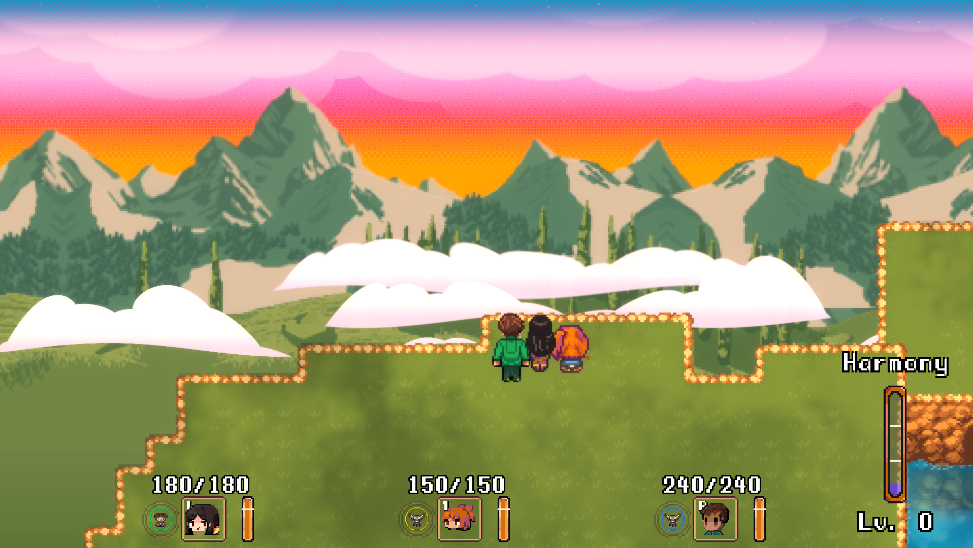 The three travelers stand on a grassy ridge, looking out at mountains under a sunset sky