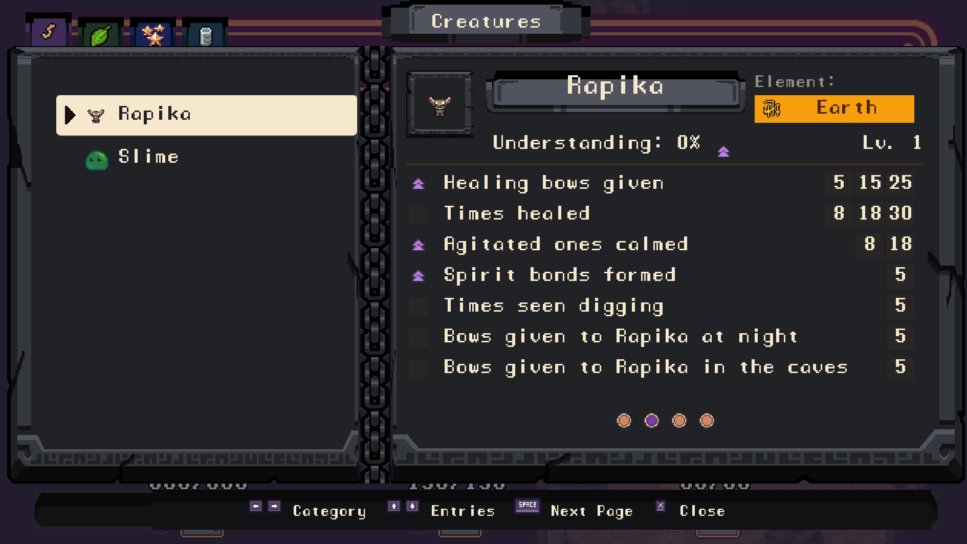 Gameplay: Rapika's page in the World Dex, counting the healing bows it was given, the times it was healed and seen digging, and the bows it was given at night and in the caves.